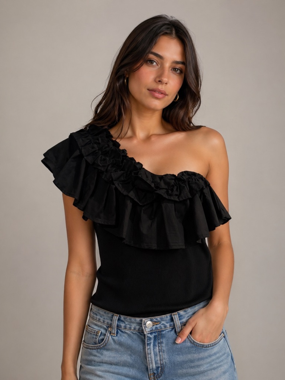 TCEC Black Ruffled Asymmetrical Blouse